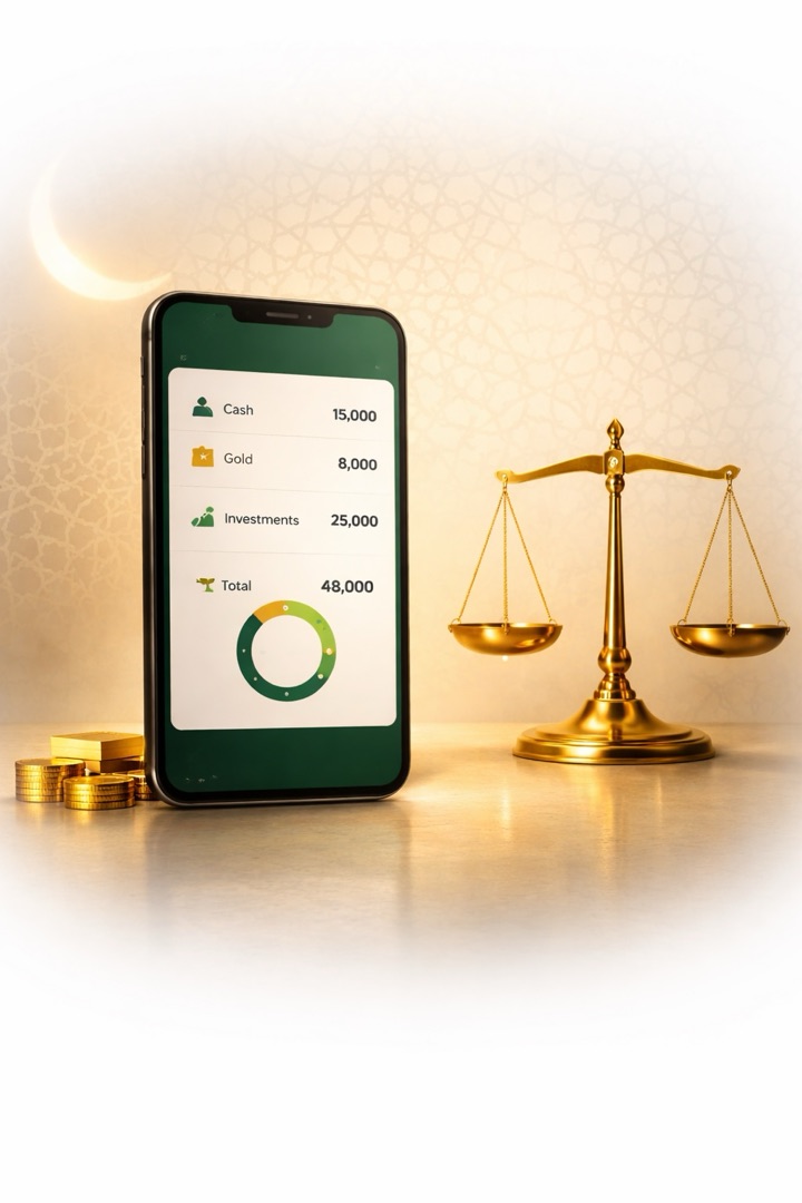 A premium visual showing a mobile zakat summary beside a balance scale.